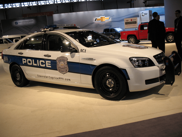 2011 Chevrolet Caprice PPV front three-quarter police livery at auto show