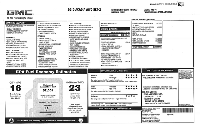 2010 GMC Acadia SLT-2 Window Sticker