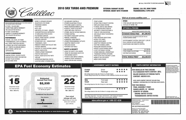 2010 Cadillac SRX Trubo Premium Window Sticker