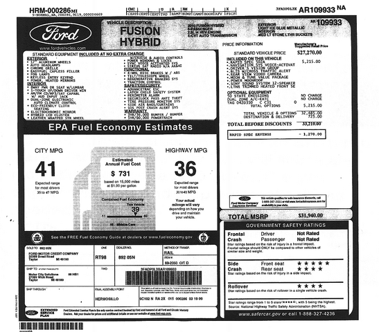 2010 Ford Fusion Hybrid Window Sticker