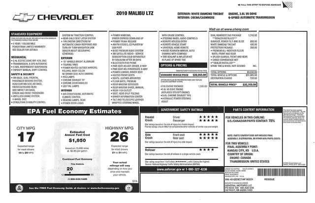 2010 Chevrolet Malibu LTZ Window Sticker MSRP and Specs
