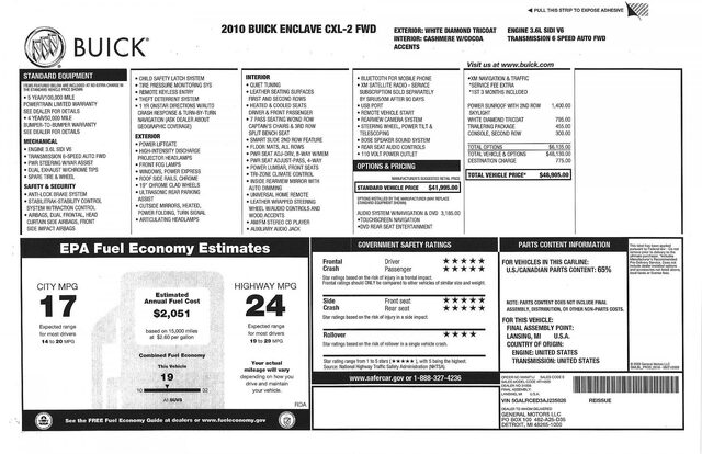 2010 Buick Enclave CXL-2 FWD Monroney window sticker showing $44,095 base price