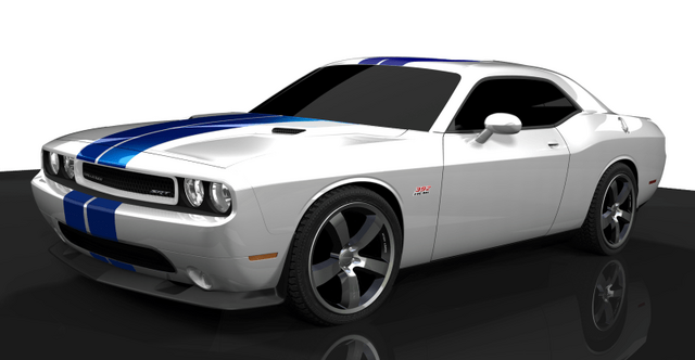 2011 Dodge Challenger SRT8 CGI render in white with blue racing stripes front three-quarter view
