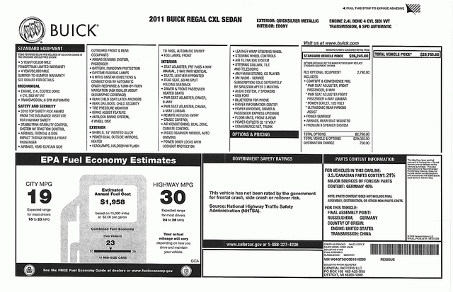 2011 Buick Regal CXL Sticker