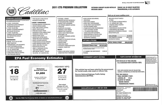 2011 Cadillac CTS Coupe window sticker