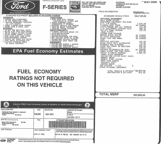2011 Ford F-350 Super Duty Crew cab Window Sticker