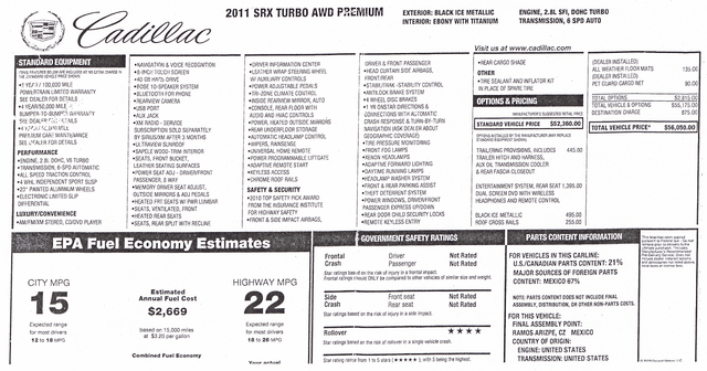 2011 Cadillac SRX Turbo Window Sticker