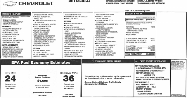 2011 Chevrolet Cruze LTZ Window Sticker with EPA Fuel Economy and Pricing