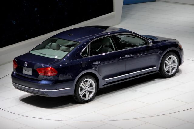 2012 Volkswagen Passat TDI rear three-quarter view dark blue auto show