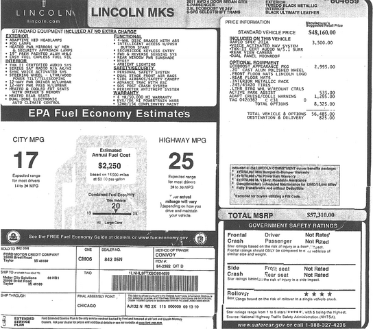 2011 Lincoln MKS Ecoboost AWD Window Sticker