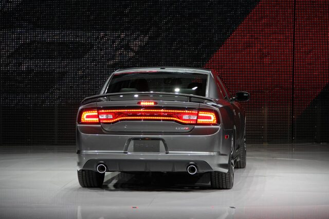 2012 Dodge Charger SRT-8, straight-on rear view with taillights illuminated