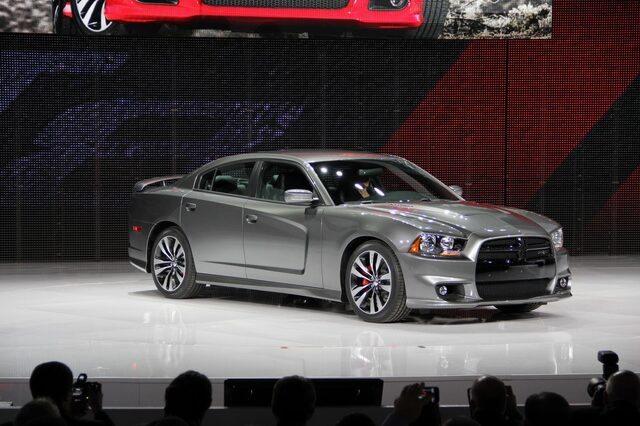 2012 Dodge Charger SRT-8, front three-quarter view on auto show stage
