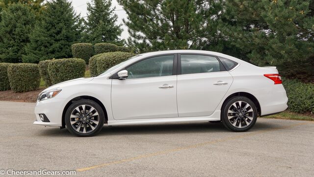 2017 Nissan Sentra SR Turbo in White Passenger Side Profile View with Dark Multi-Spoke Wheels