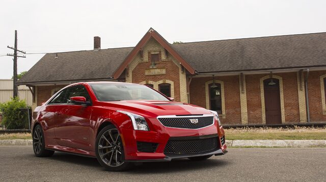 2016 Cadillac ATS-V Coupe Red Front Three-Quarter Historic Building