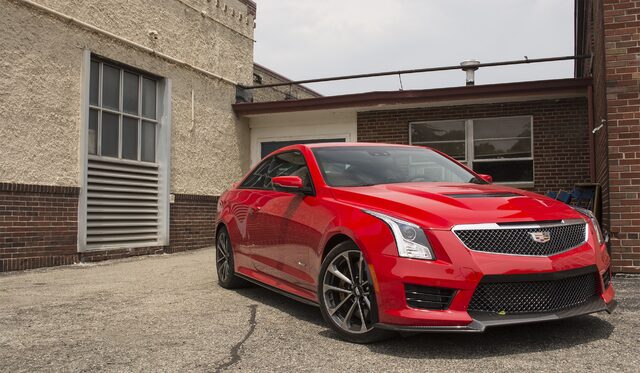 2016 Cadillac ATS-V Coupe Red Front Three-Quarter Urban Setting