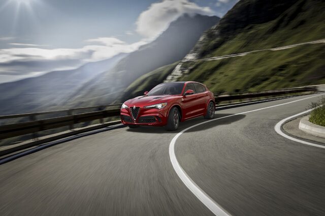 2018 Alfa Romeo Stelvio Ti Front Three-Quarter View on Alpine Road