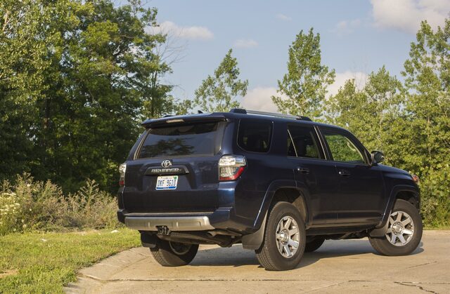 2016 Toyota 4Runner Trail Premium Rear Three-Quarter View in Dark Blue