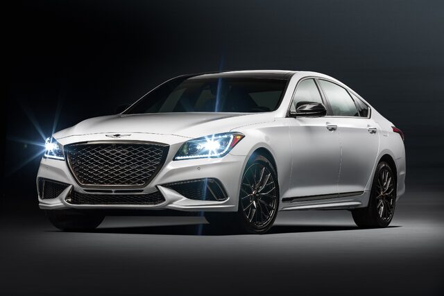 2018 Genesis G80 Sport White Front Three-Quarter View in Studio