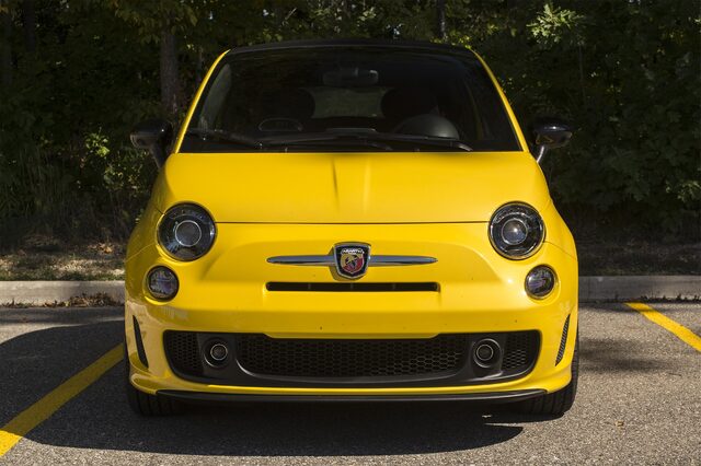 2016 Fiat 500C Abarth Straight Front View with Abarth Hood Badge and Round Headlights