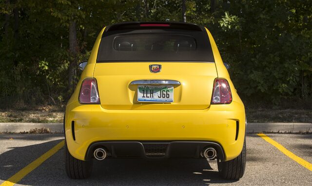 2016 Fiat 500C Abarth Straight Rear View with Abarth Badge and Dual Exhaust Outlets