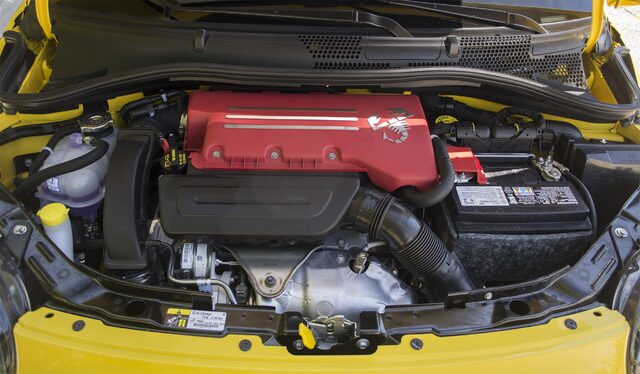 2016 Fiat 500C Abarth 1.4L Turbocharged Engine Bay with Red Abarth Engine Cover