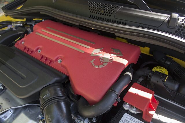 2016 Fiat 500C Abarth 1.4L Turbo Engine Cover Closeup with Abarth Scorpion Logo