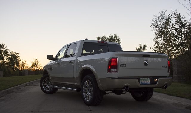 2016 Ram 1500 Laramie Longhorn EcoDiesel Rear Three-Quarter View at Dusk
