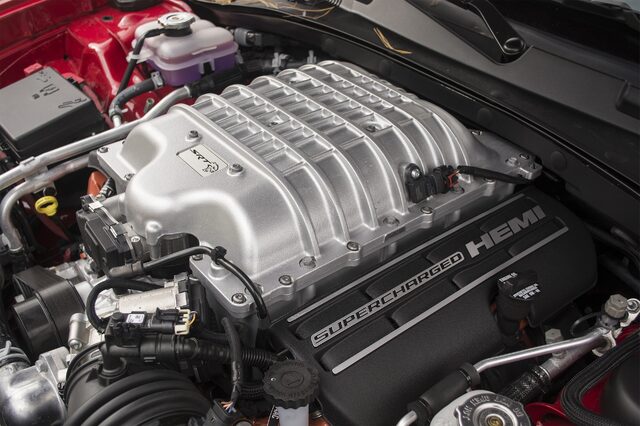 2016 Dodge Charger SRT Hellcat supercharged HEMI engine close-up
