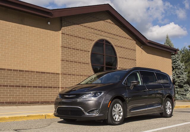 2017 Chrysler Pacifica Touring L — Front 3/4 View, Granite Crystal, Low Angle