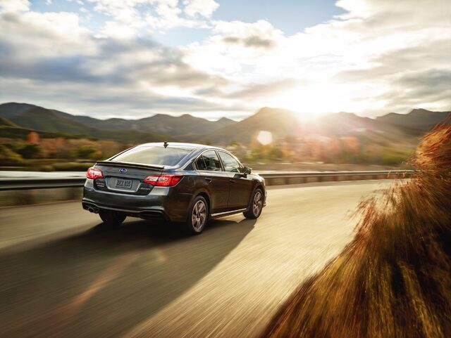 2018 Subaru Legacy 2.5i Sport Charcoal Rear 3/4 Mountain Highway Action Shot