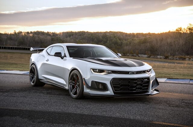 2018 Chevrolet Camaro ZL1 1LE — Front Three-Quarter at Track, Silver, Carbon Hood and Wing