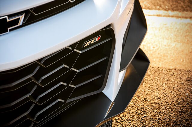 2018 Chevrolet Camaro ZL1 1LE — Front Grille and ZL1 Badge Detail with Carbon Splitter