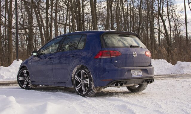 2017 Volkswagen Golf R Rear Three-Quarter on Snowy Road