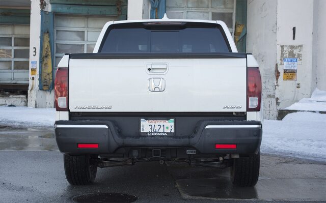 2017 Honda Ridgeline RTL-E straight-on rear view with AWD badge