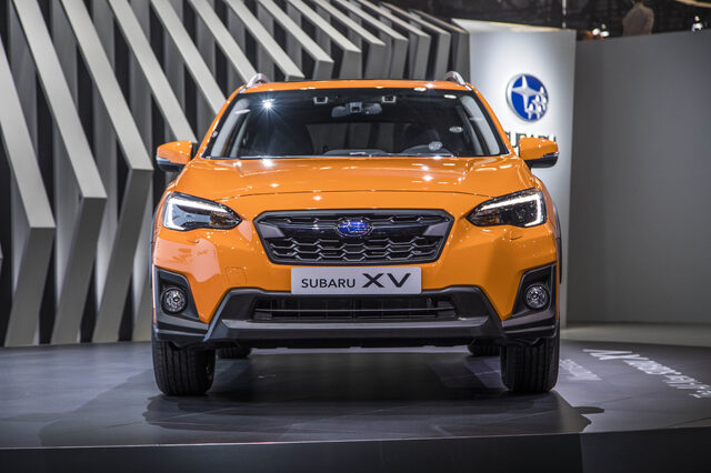 2018 Subaru XV Crosstrek straight-on front view at Geneva Motor Show