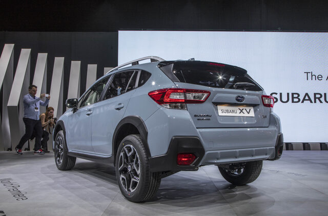2018 Subaru XV Crosstrek silver rear three-quarter view at auto show