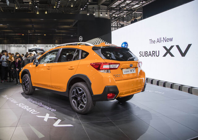 2018 Subaru XV Crosstrek Solar Orange rear three-quarter at world premiere
