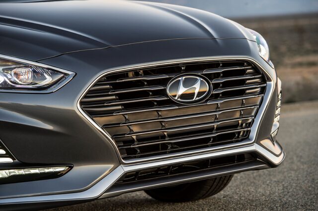2018 Hyundai Sonata Sport gray sedan front grille and headlight detail close-up