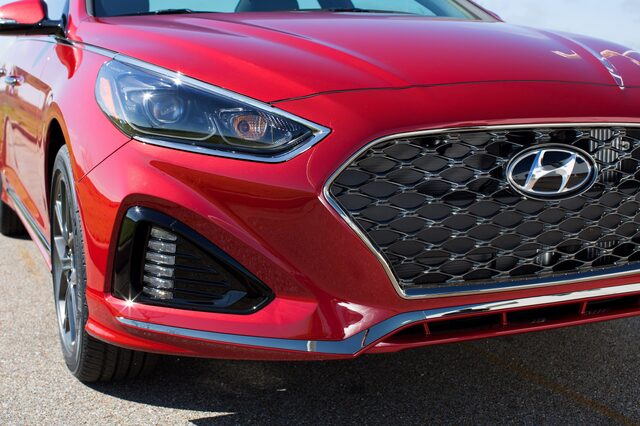 2018 Hyundai Sonata Sport 2.0T red sedan front fascia grille and headlight detail