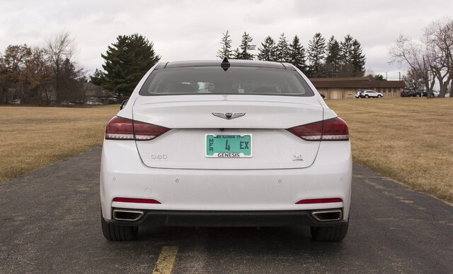2017 Genesis G80 3.8 HTRAC Straight Rear View with G80 and Genesis Badges and Dual Exhaust
