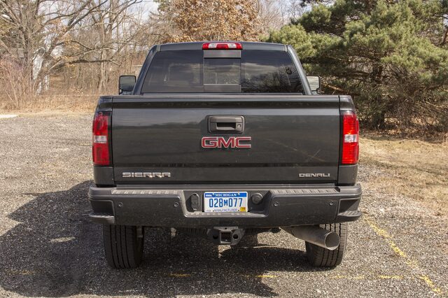 2017 GMC Sierra Denali 2500HD direct rear view showing Sierra Denali badging