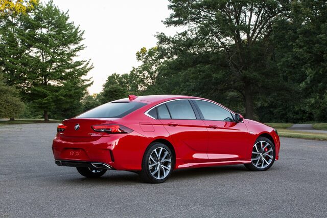 2018 Buick Regal GS, rear three-quarter static view showing Sportback roofline