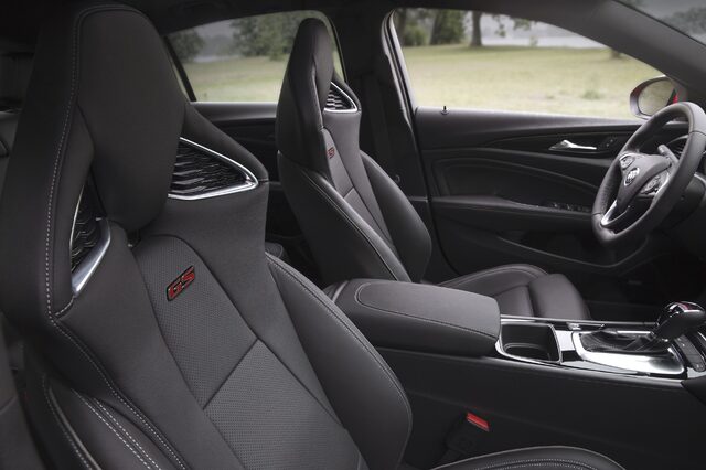2018 Buick Regal GS, sport front seats with GS badge embroidery and contrast stitching