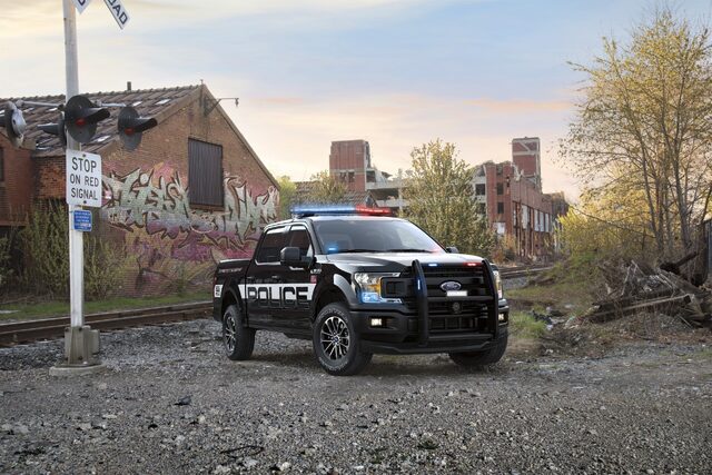 2018 Ford F-150 Police Responder Front Three-Quarter Exterior Urban Setting Black