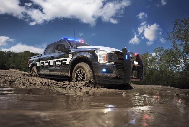 2018 Ford F-150 Police Responder Front Three-Quarter Exterior Mud Crossing Black