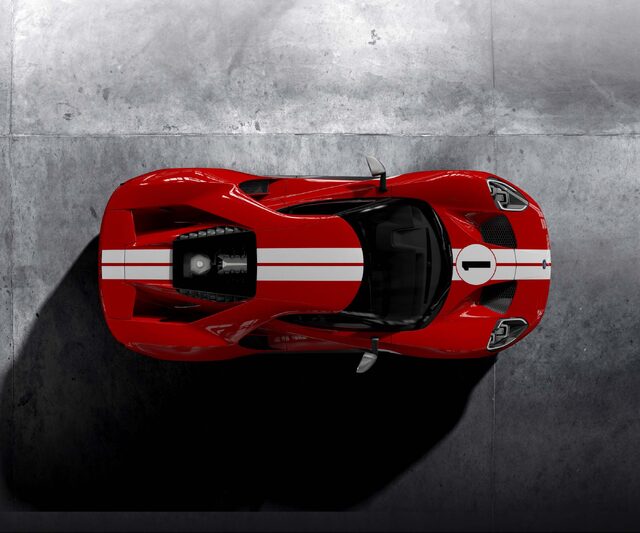 2018 Ford GT '67 Heritage Edition overhead view with race livery