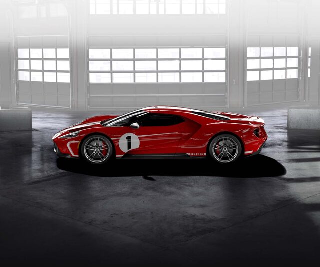 2018 Ford GT '67 Heritage Edition side profile view in hangar studio