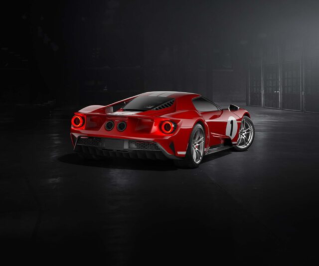 2018 Ford GT '67 Heritage Edition rear three-quarter view in dark studio