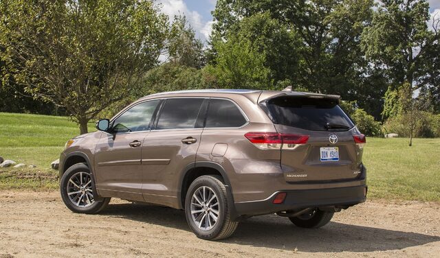 2017 Toyota Highlander XLE AWD Rear Three-Quarter View on Gravel with Summer Trees