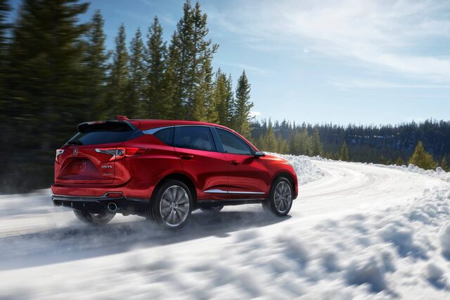 2019 Acura RDX Prototype Rear Three-Quarter View in Snow